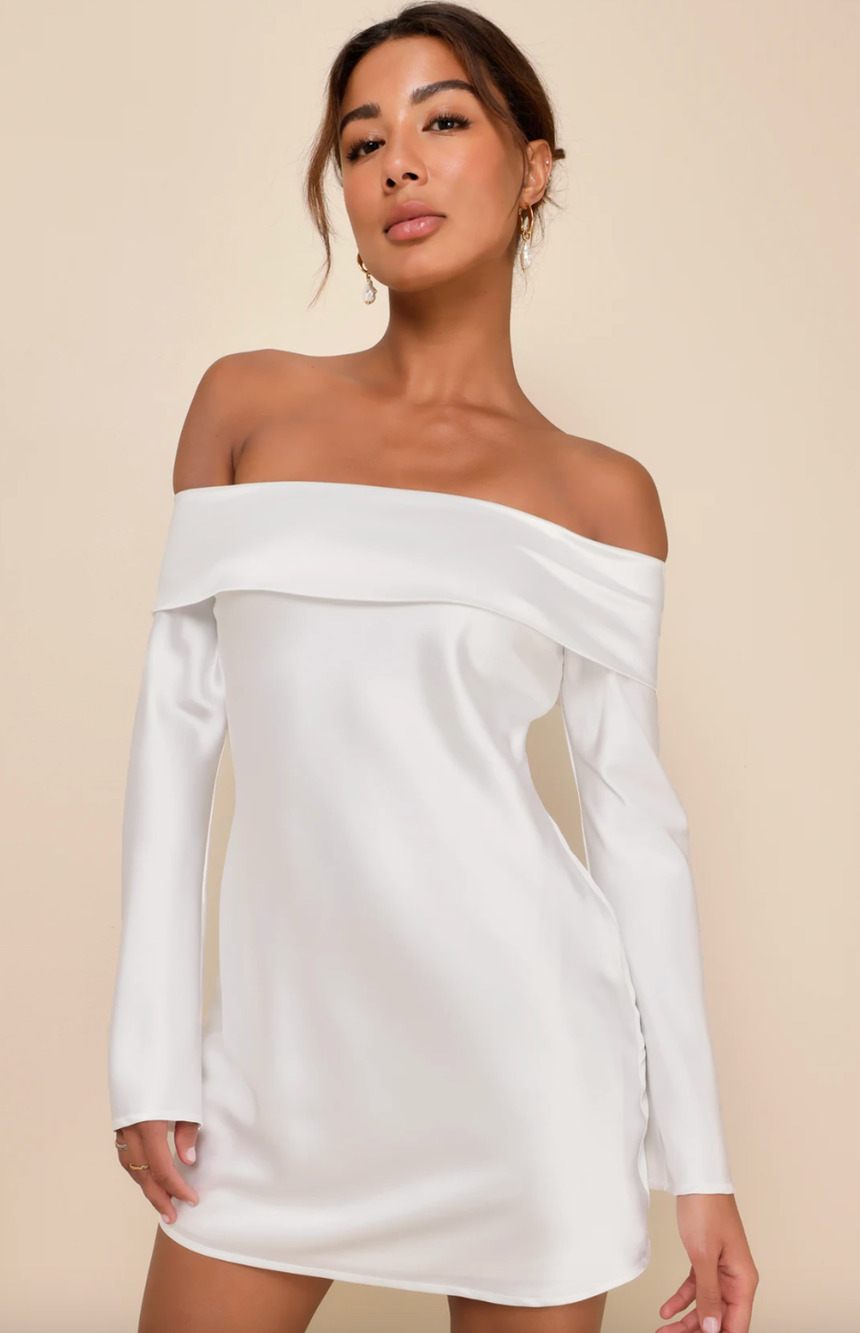 Lulus Luxurious Vision White Satin Off-the-Shoulder Mini Dress Party XS NWT